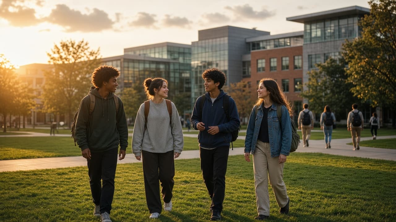 Students walking together across a school campus at sunset